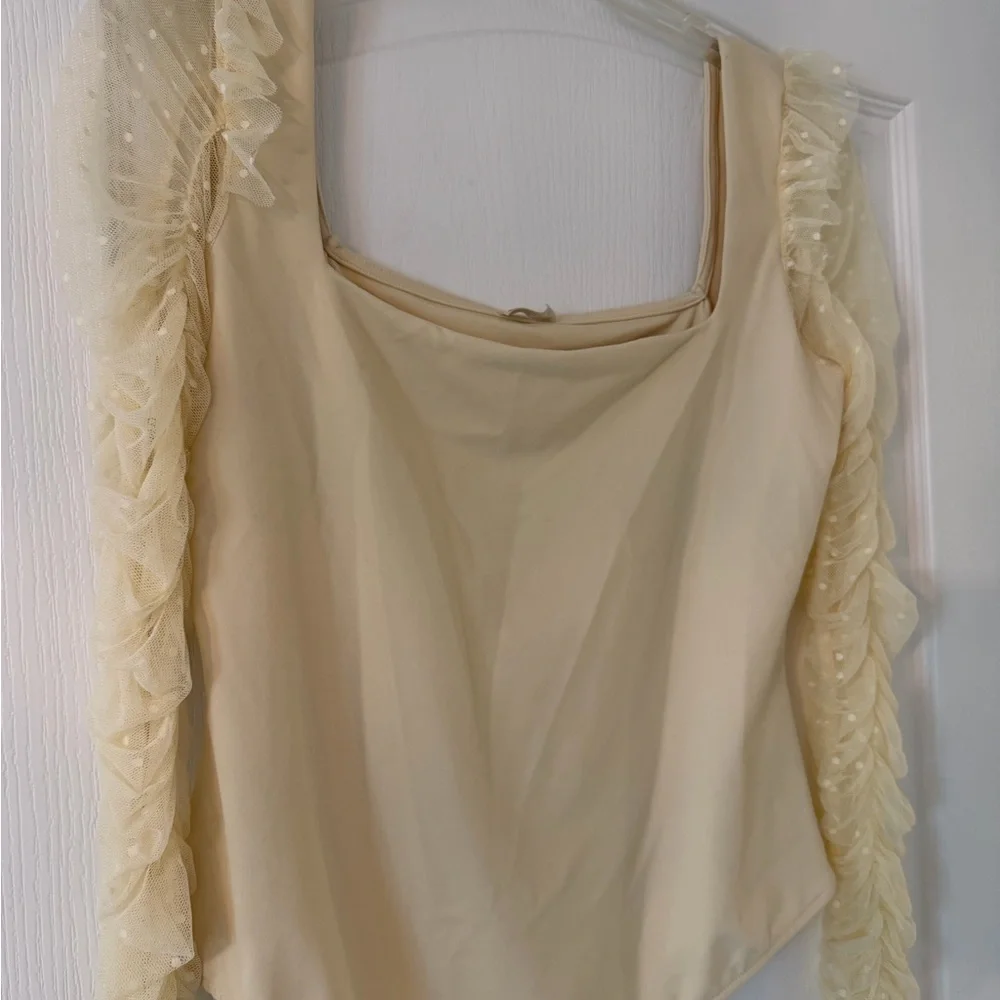 Free People Must Be Love Bodysuit Mesh Ruched Sleeve Square Neck in Ivory L